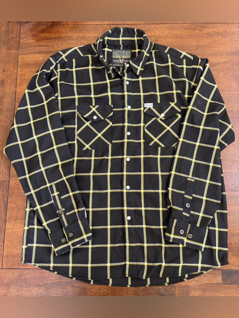 DIXXON Flannel Co. Vogue Tyres LS Shirt Pearl Snaps Black Yellow Plaid Men's XL